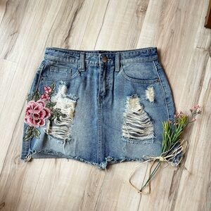 Rose Embroidered Denim Mini Skirt
